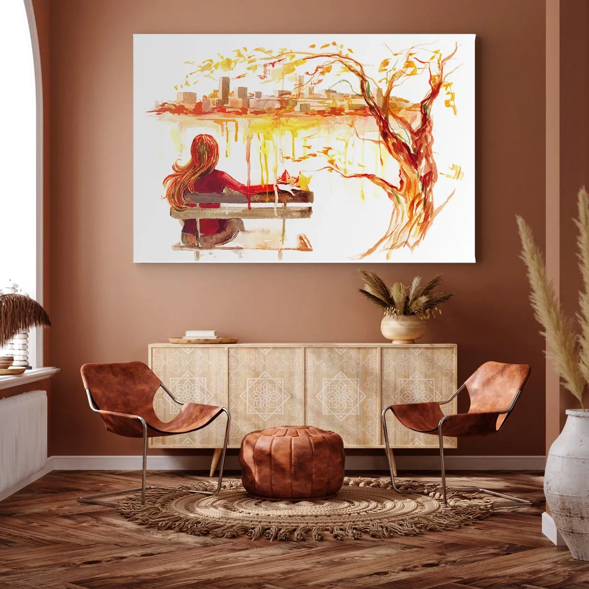 Obraz na plátne - Akvarelová scéna ženy na lavičke s výhľadom na mesto - 70x50cm - Okamih zamyslenia - Moderná nástenná dekorácia do obývacej izby a spálne ARTTOR