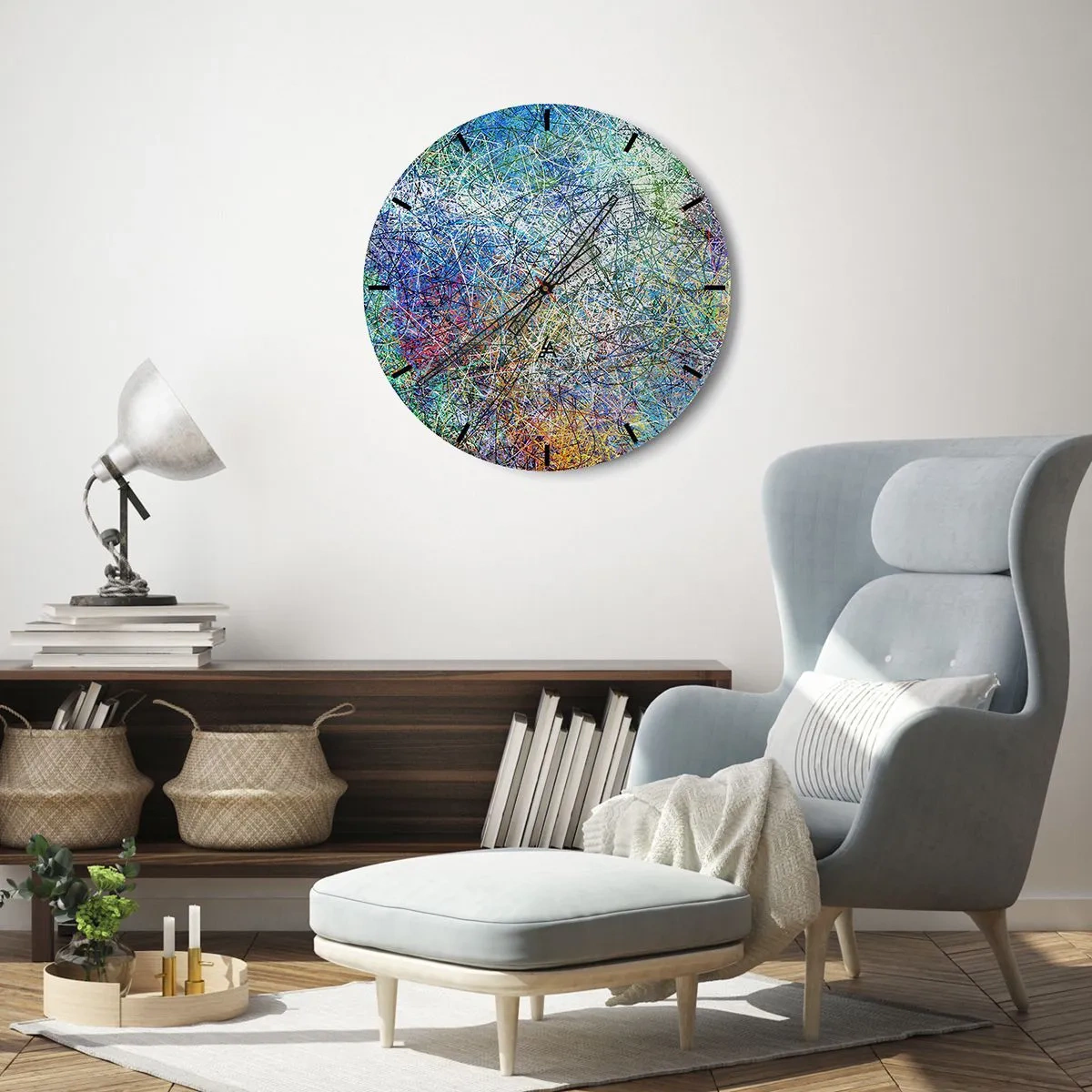 Nástenné hodiny - Abstraktný, farebný motív s chaotickými čiarami a škvrnami. - 30x30cm - To nie je tak jednoduché - Moderná nástenná dekorácia do obývacej izby, kuchyne a spálne ARTTOR