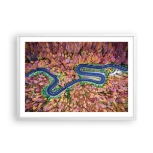 Plagát v bielom ráme - Kľukatá cesta lesom - 70x50 cm