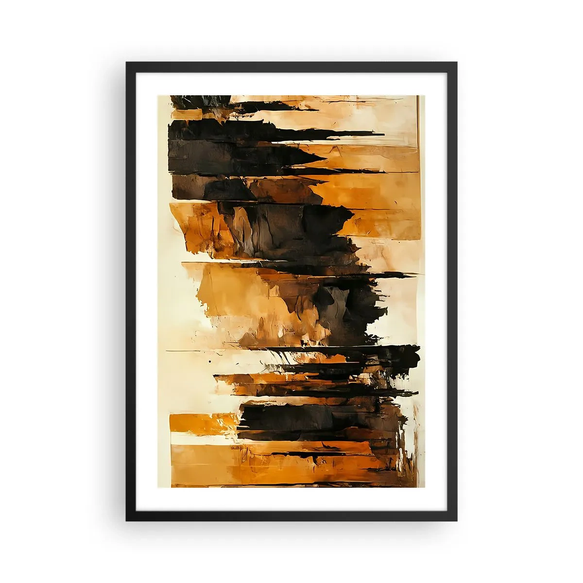 Plagát v čiernom ráme - Abstraktná kompozícia v teplých hnedých a čiernych odtieňoch. - 50x70cm - Harmónia čiernej a zlatej - Moderná nástenná dekorácia do obývacej izby a spálne ARTTOR