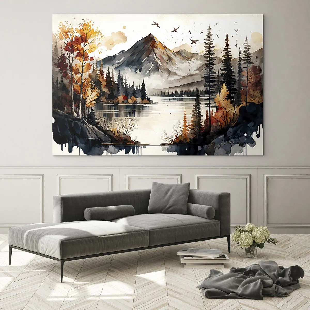 Obraz na skle - Jesenná horská krajina s jazerom a lesom - 70x50cm - Zlatá jeseň na horách - Moderná nástenná dekorácia do obývacej izby a spálne ARTTOR