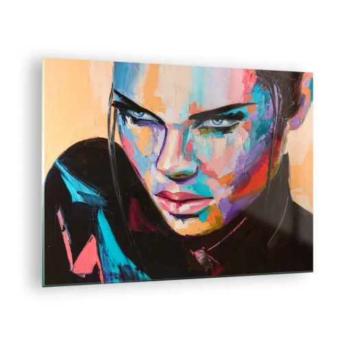 Obraz na skle - Portrét ženy v žiarivých farbách na abstraktnom pozadí - 70x50cm - Divokosť v srdci - Moderná nástenná dekorácia do obývacej izby a spálne ARTTOR