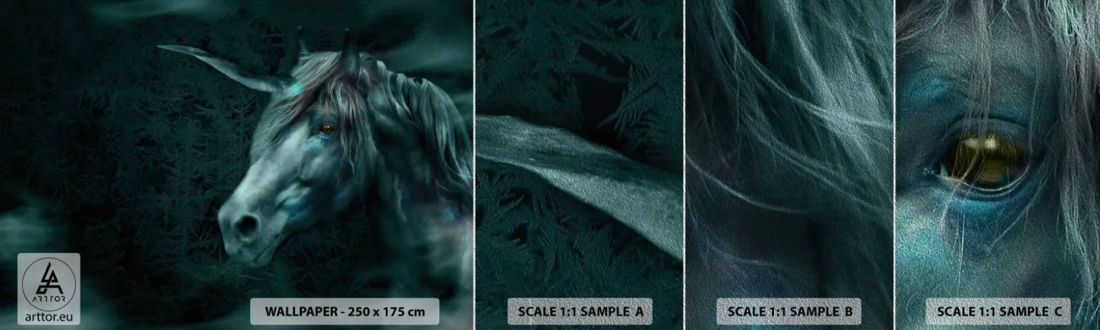 Vzorka fototapety Premium Sand - V rozprávkovom lese - Jednorožec, Fantázia, Abstrakcia - 100x30 cm