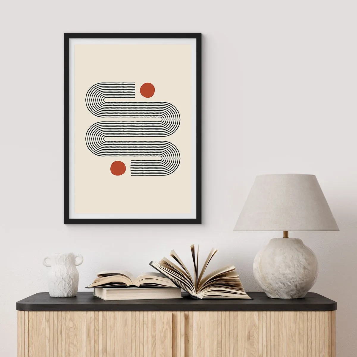 Plagát v čiernom ráme - Geometrický vzor s čiarami a červenými kruhmi - 50x70cm - Od začiatku do konca - Moderná nástenná dekorácia do obývacej izby a spálne ARTTOR