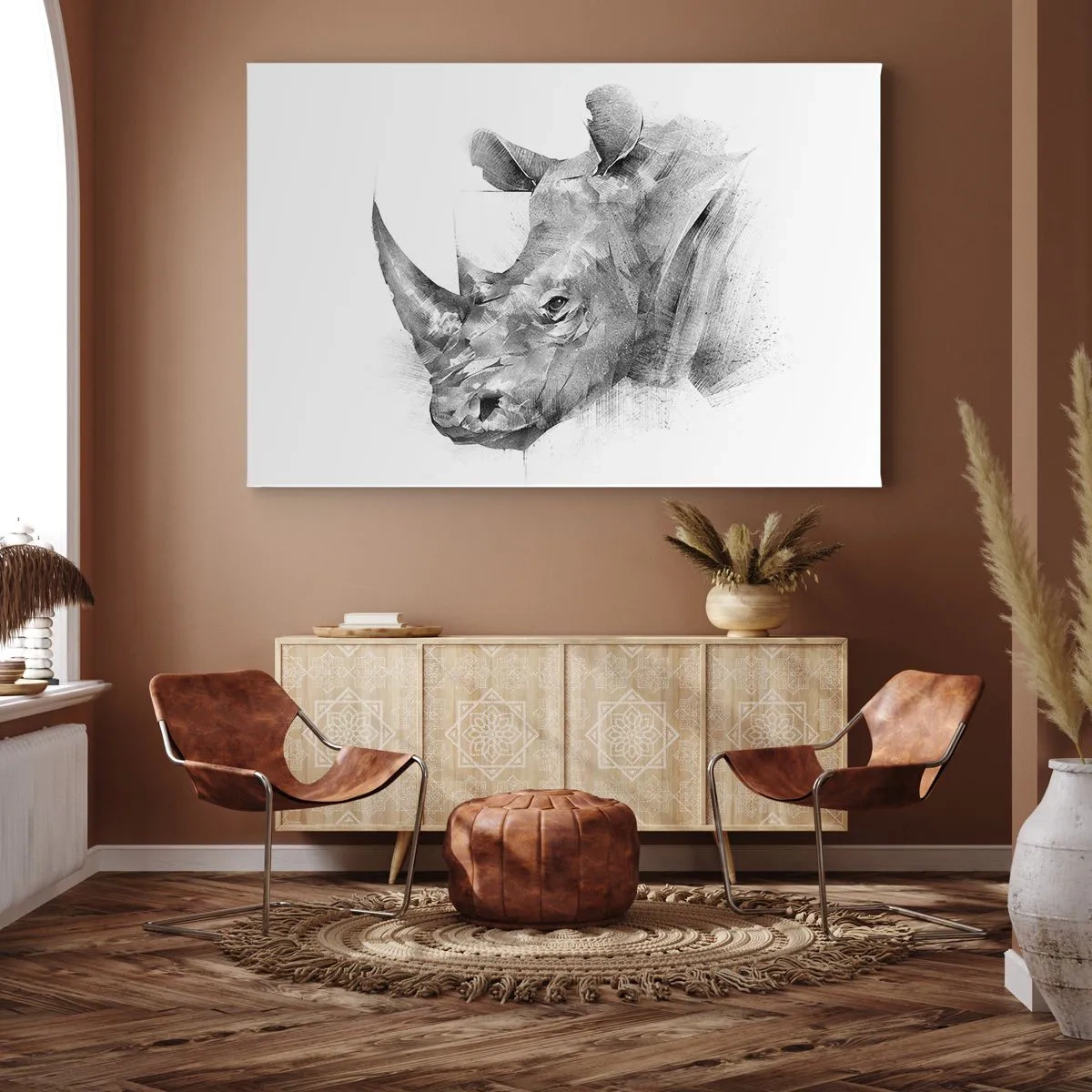 Obraz na plátne - Umelecký portrét nosorožca v čiernobielej farbe - 70x50cm - Africký portrét - Moderná nástenná dekorácia do obývacej izby a spálne ARTTOR