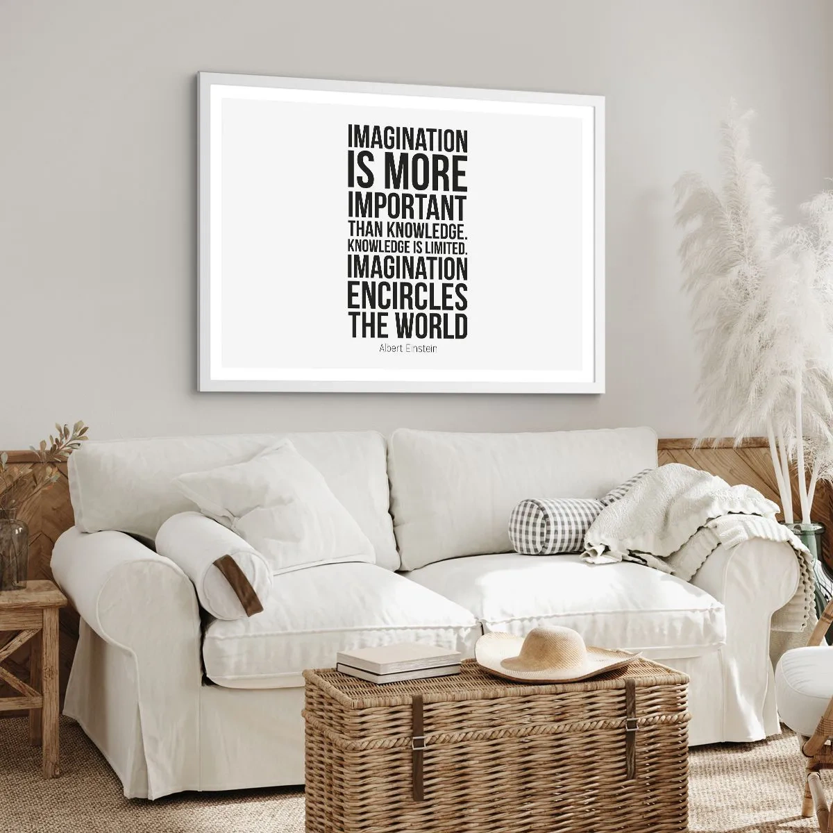 Plagát v bielom ráme - Einstein o sile predstavivosti - 91x61 cm
