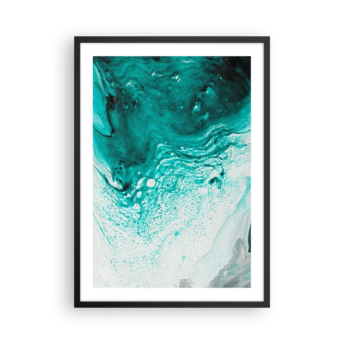 Plagát v čiernom ráme - Abstraktný vzor v tyrkysovej a bielej farbe - 50x70cm - Prepadnúť sa v bielej a tyrkysovej - Moderná nástenná dekorácia do obývacej izby a spálne ARTTOR