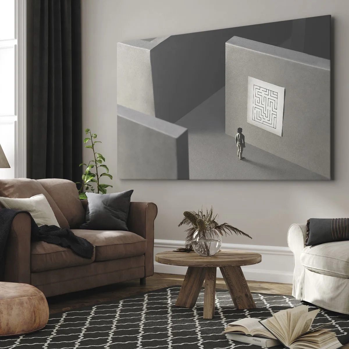 Obraz na plátne - Postava v bludisku pozerajúca sa na zavesenú mapu - 70x50cm - Kde to ale som? - Moderná nástenná dekorácia do obývacej izby a spálne ARTTOR