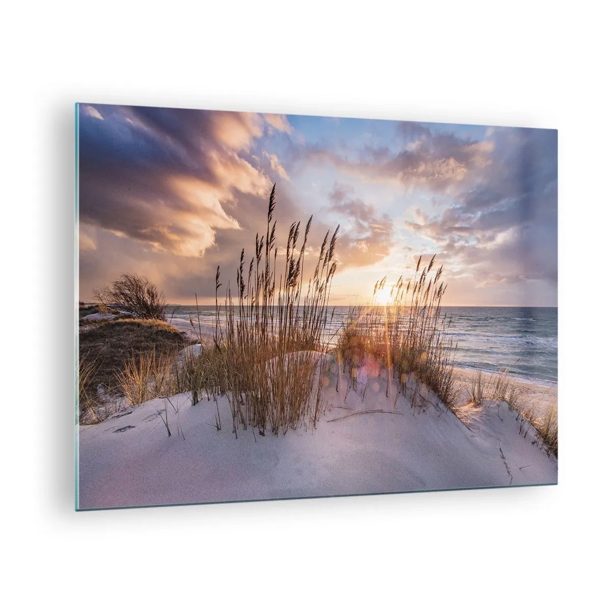 Obraz na skle - Západ slnka nad morom cez prímorské trávy - 70x50cm - Rozlúčka so slnkom a vetrom - Moderná nástenná dekorácia do obývacej izby a spálne ARTTOR