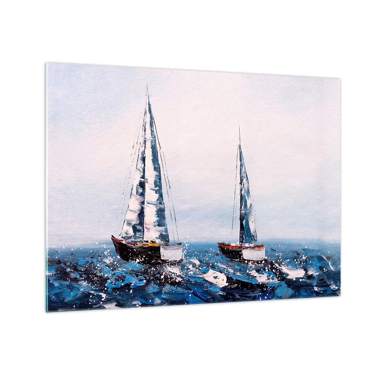 Obraz na skle - Dve jachty na rozbúrenom mori v impresionistickom maliarskom štýle. - 70x50cm - Bratstvo vetra - Moderná nástenná dekorácia do obývacej izby a spálne ARTTOR