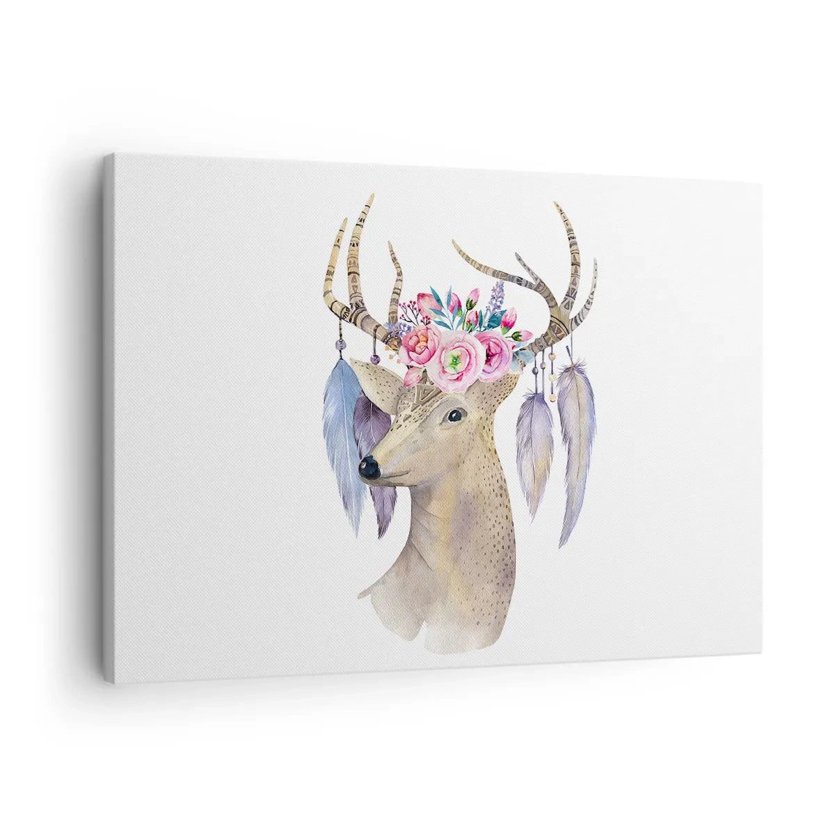 Obraz na plátne - Romantická grafika jeleňa s kvetmi a perím - 70x50cm - Sprievodca duše - jemný, nevinný - Moderná nástenná dekorácia do obývacej izby a spálne ARTTOR