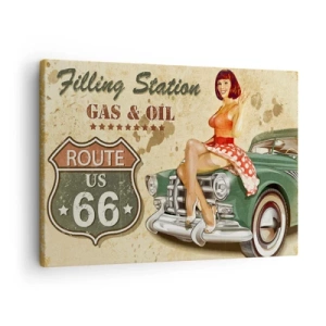 Obraz na plátne - Retro plagát Route 66 s pin-up dievčaťom a autom - 70x50cm - Skvelé 40. roky - Moderná nástenná dekorácia do obývacej izby a spálne ARTTOR