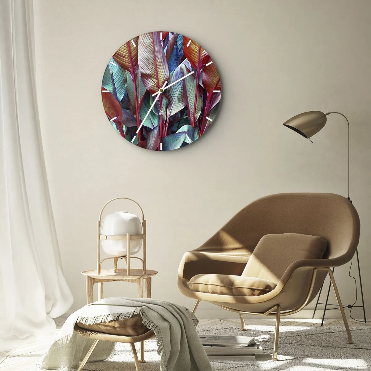 Nástenné hodiny - Farebné listy tropických rastlín - 30x30cm - Farebná húština - Moderná nástenná dekorácia do obývacej izby, kuchyne a spálne ARTTOR