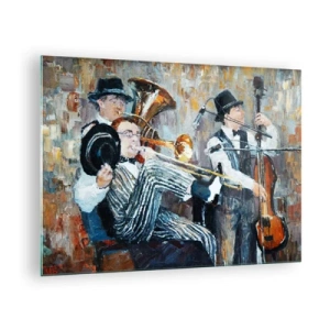 Obraz na skle - Džezová kapela v atmosférickej impresionistickej scéne - 70x50cm - Celý tento jazz - Moderná nástenná dekorácia do obývacej izby a spálne ARTTOR