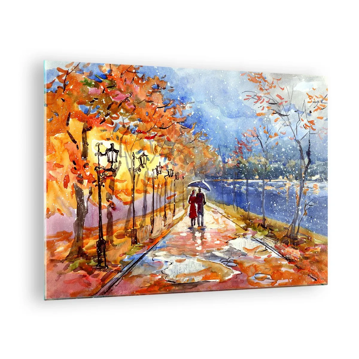 Obraz na skle - Jesenná prechádzka po ulici s farebnými listami a lampášmi - 70x50cm - Spoločne k hranici času - Moderná nástenná dekorácia do obývacej izby a spálne ARTTOR