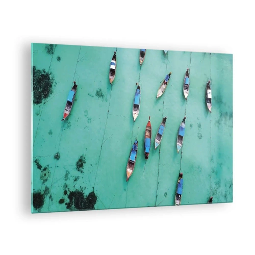 Obraz na skle - Lode na tyrkysovej vode zhora - 70x50cm - V radostnom očakávaní - Moderná nástenná dekorácia do obývacej izby a spálne ARTTOR