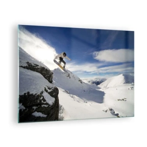 Obraz na skle - Snowboardista skáče z útesu v horách v zime - 70x50cm - Sloboda bez hraníc - Moderná nástenná dekorácia do obývacej izby a spálne ARTTOR