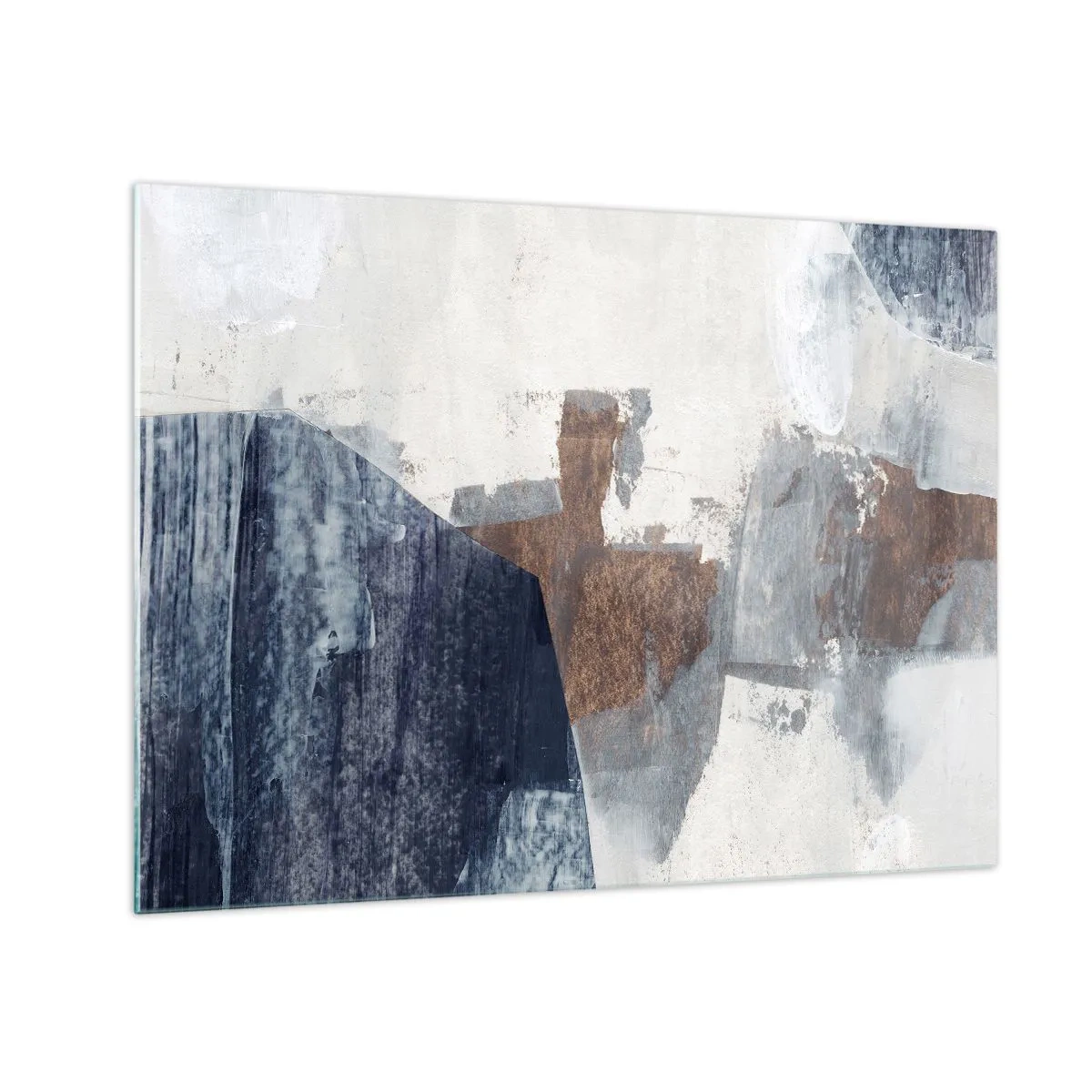 Obraz na skle - Geometrické tvary v modrej, hnedej a bielej farbe - 70x50cm - Modro-hnedé tvary - Moderná nástenná dekorácia do obývacej izby a spálne ARTTOR