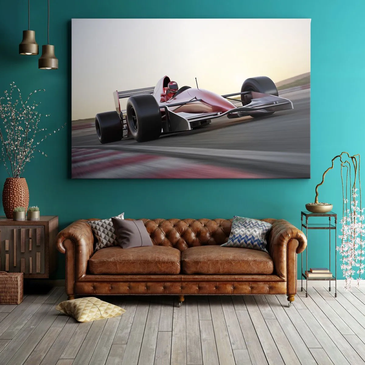 Obraz na plátne - Červené auto Formuly 1 na pretekárskej dráhe počas jazdy - 70x50cm - Vždy víťaz - Moderná nástenná dekorácia do obývacej izby a spálne ARTTOR