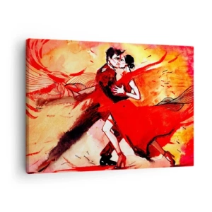 Obraz na plátne - Pár tancujúci tango v červených tónoch na dynamickom pozadí. - 70x50cm - Purpurový rytmus náruživosti - Moderná nástenná dekorácia do obývacej izby a spálne ARTTOR