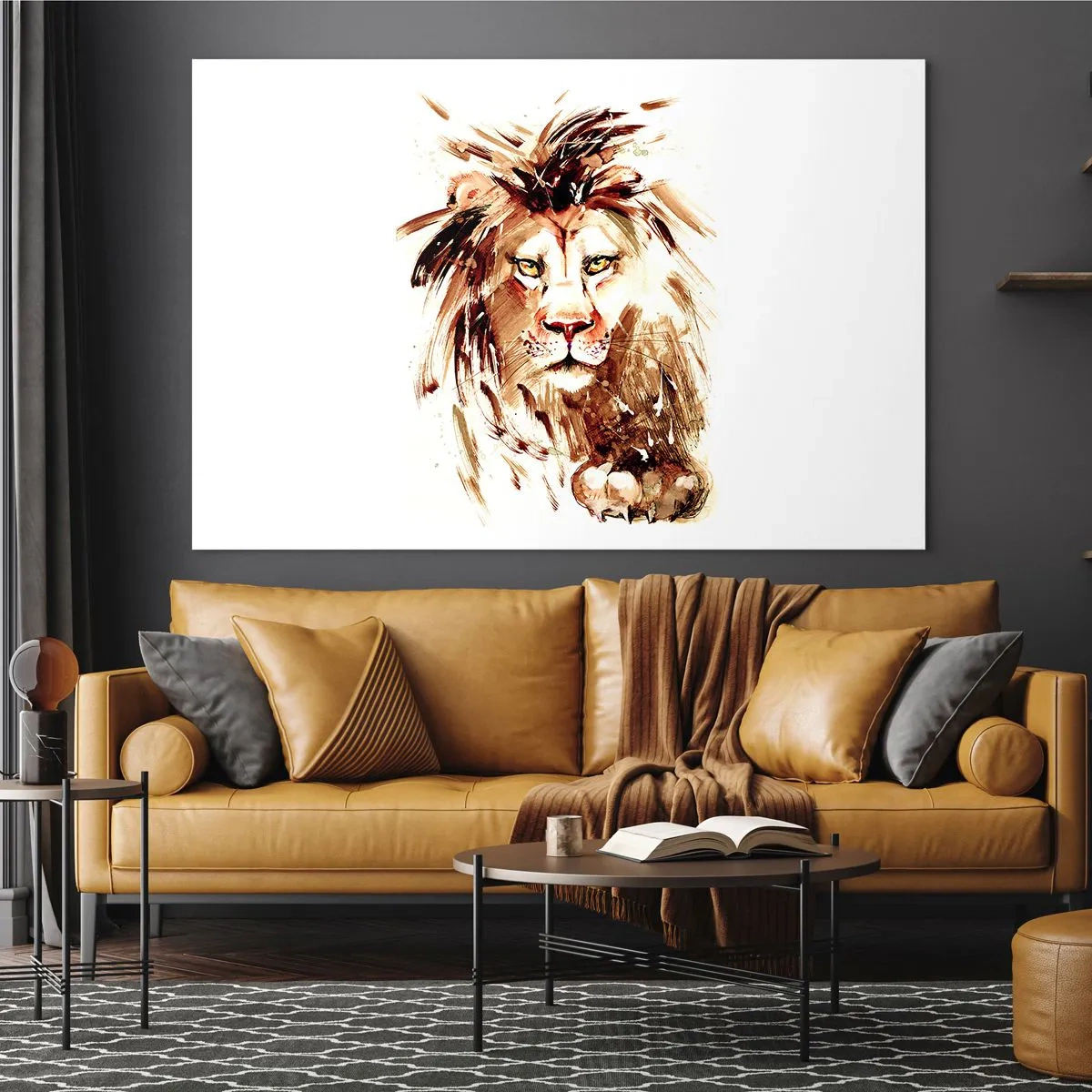 Obraz na skle - Akvarelová portrét leva na bielom pozadí - 70x50cm - Sila a dôstojnosť - Moderná nástenná dekorácia do obývacej izby a spálne ARTTOR