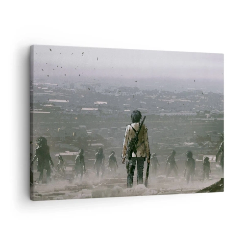 Obraz na plátne - Postava so zbraňou stojí pred skupinou v dystopickej krajine. - 70x50cm - Posledný spravodlivý? - Moderná nástenná dekorácia do obývacej izby a spálne ARTTOR