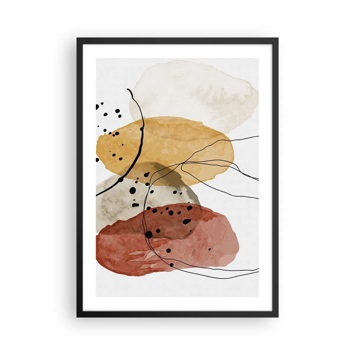 Plagát v čiernom ráme - Abstraktné tvary v odtieňoch béžovej, žltej a červenej - 50x70cm - Ako ľahký, priezračný vzduch - Moderná nástenná dekorácia do obývacej izby a spálne ARTTOR