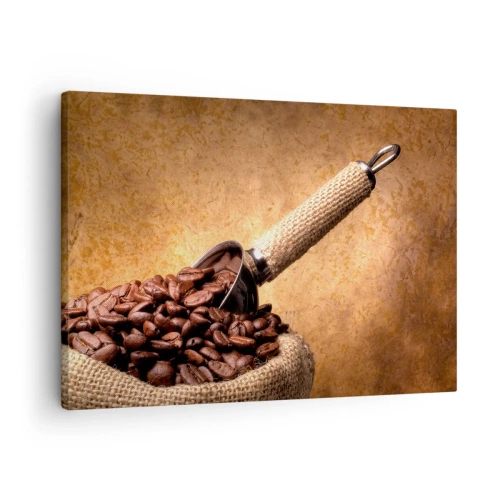 Obraz na plátne - Kávové zrná v jutovom vrecku s kovovou lyžičkou - 70x50cm - Pri zdroji chuti - Moderná nástenná dekorácia do obývacej izby a spálne ARTTOR