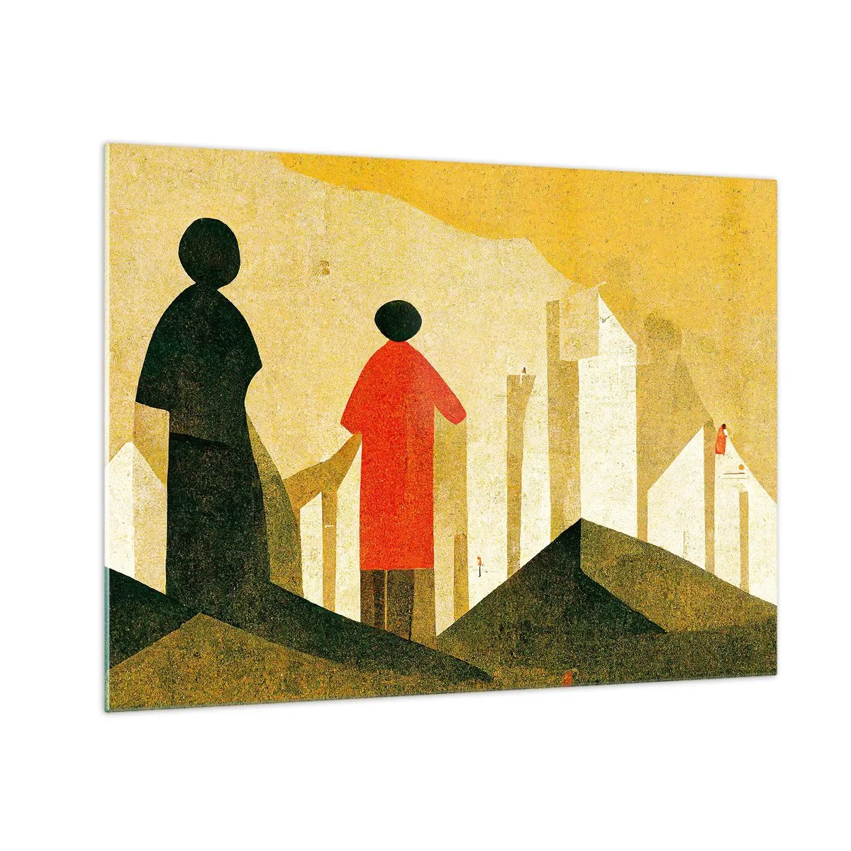 Obraz na skle - Geometrické siluety postáv medzi vysokými formami na pozadí žltej oblohy - 70x50cm - Ešte veľmi ďaleko - Moderná nástenná dekorácia do obývacej izby a spálne ARTTOR