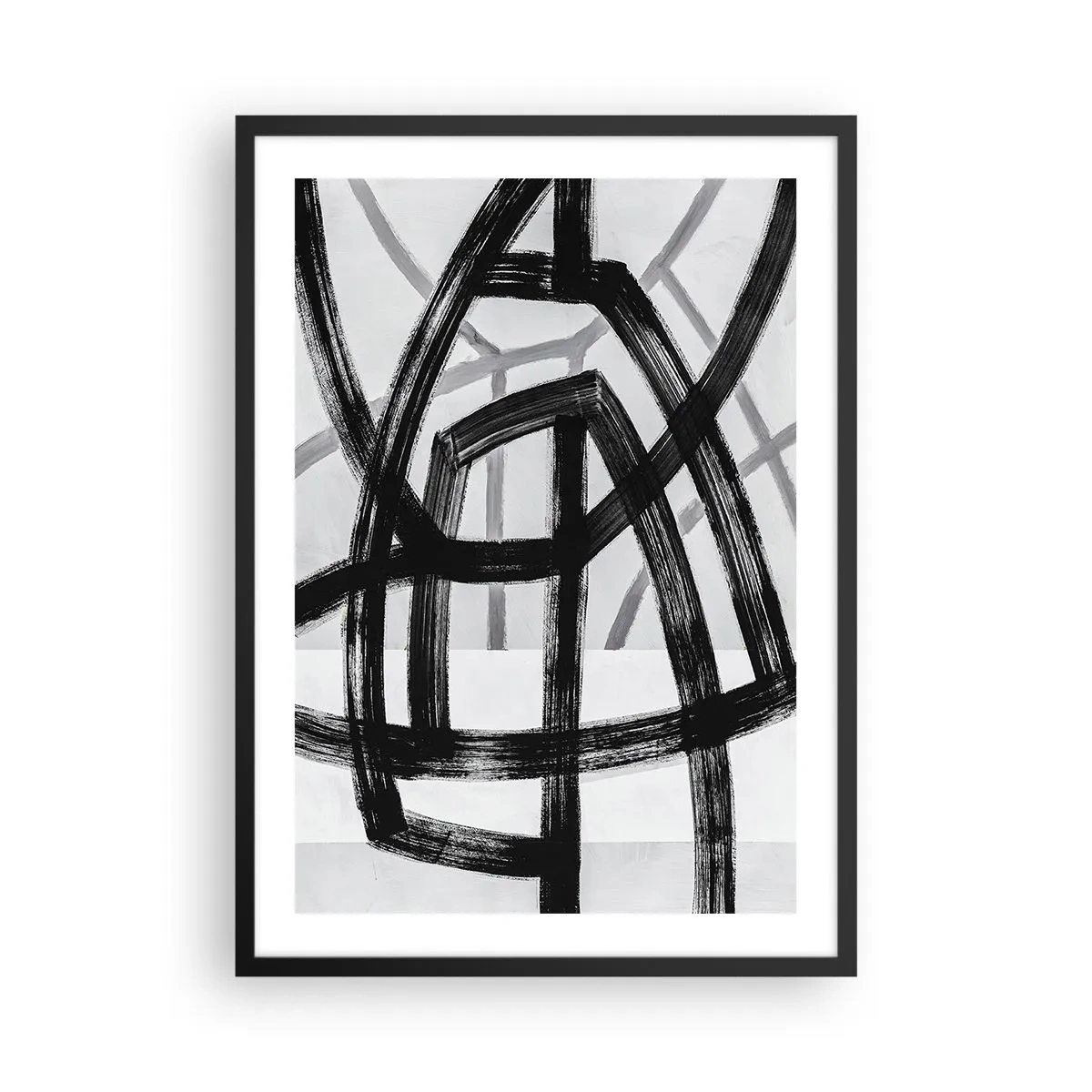 Plagát v čiernom ráme - Geometrické čierne čiary na svetlom pozadí v abstraktnej kompozícii - 50x70cm - Hĺbka - Moderná nástenná dekorácia do obývacej izby a spálne ARTTOR
