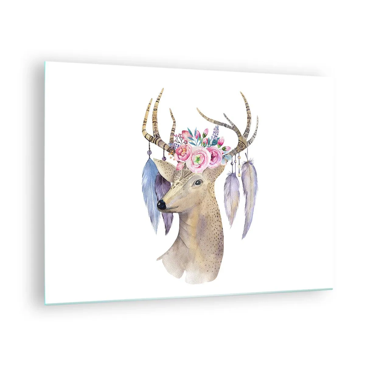Obraz na skle - Jeleň s kvetinovým vencom a perím - 70x50cm - Sprievodca duše - jemný, nevinný - Moderná nástenná dekorácia do obývacej izby a spálne ARTTOR