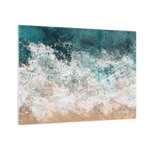 Obraz na skle - Abstraktné morské vlny v odtieňoch tyrkysovej, bielej a pieskovo béžovej - 70x50cm - Morské príbehy - Moderná nástenná dekorácia do obývacej izby a spálne ARTTOR