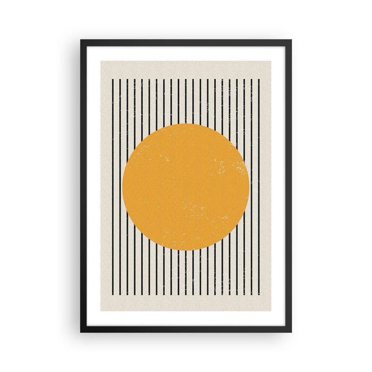 Plagát v čiernom ráme - Geometrická kompozícia s oranžovým kruhom a čiarami - 50x70cm - Sila jednoduchosti - Moderná nástenná dekorácia do obývacej izby a spálne ARTTOR