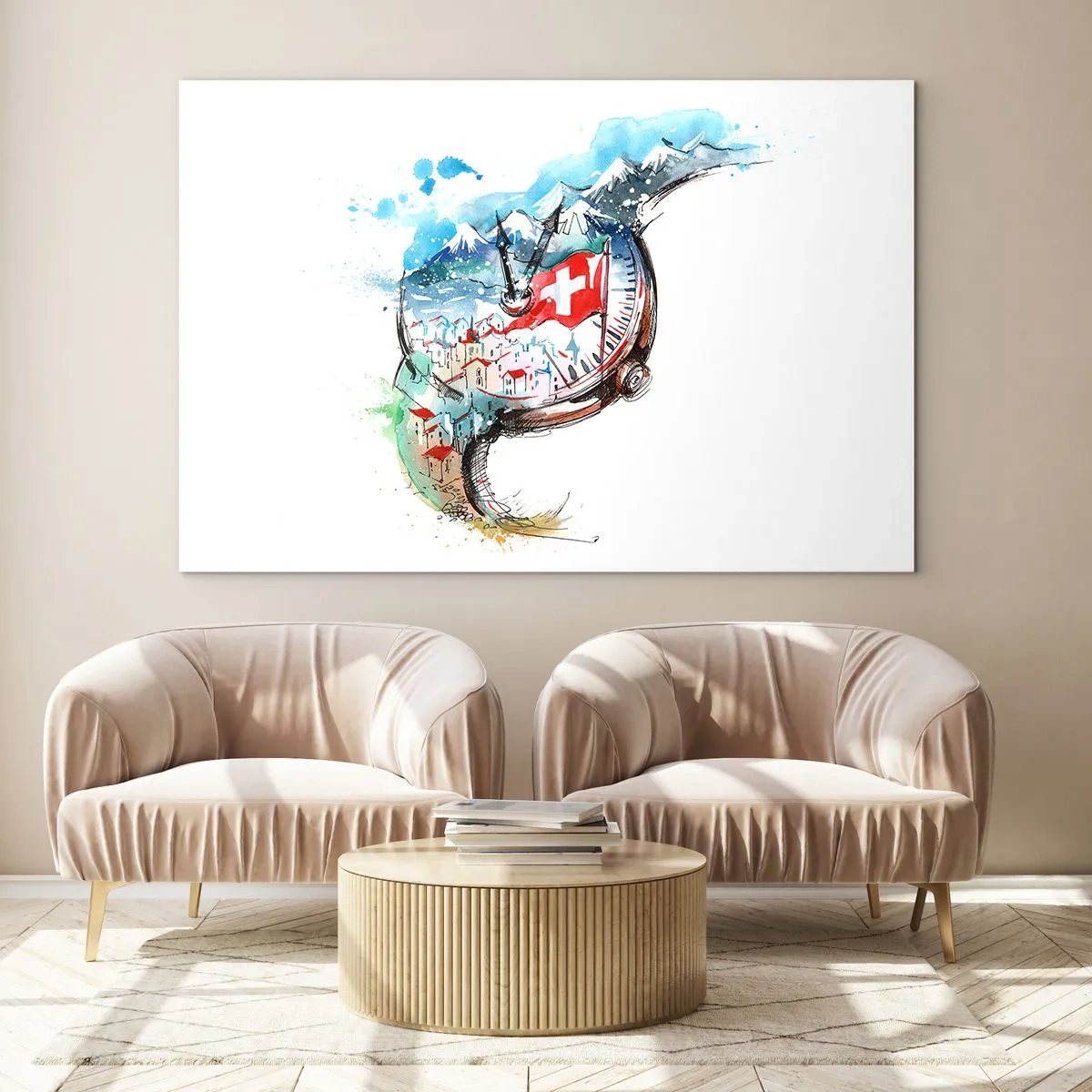 Obraz na skle - Akvarelová maľba švajčiarskej krajiny s vlajkou a hodinkami - 70x50cm - Duch Švajčiarska - Moderná nástenná dekorácia do obývacej izby a spálne ARTTOR