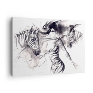 Obraz na plátne - Žena v dynamickom tanci so zebrami v čiernobielej estetike - 70x50cm - Tancujúca so zebrami - Moderná nástenná dekorácia do obývacej izby a spálne ARTTOR