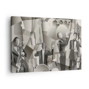 Obraz na plátne - Abstraktná scéna s jazzovými hudobníkmi v odtieňoch sivej. - 70x50cm - V priestore zvukov - Moderná nástenná dekorácia do obývacej izby a spálne ARTTOR