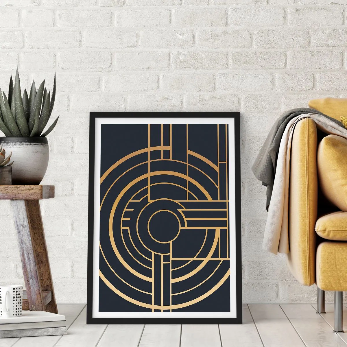 Plagát v čiernom ráme - Geometrický vzor v štýle Art Deco so zlatými prvkami na tmavom pozadí - 50x70cm - Obraty udalosti - Moderná nástenná dekorácia do obývacej izby a spálne ARTTOR