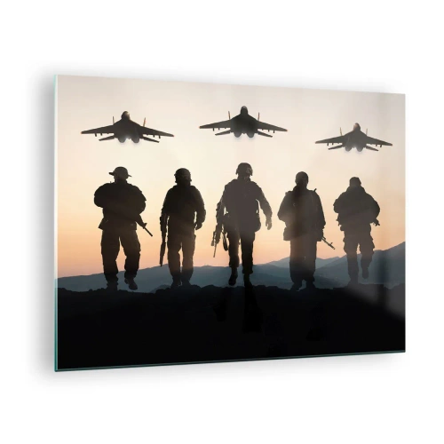 Obraz na skle - Vojaci na pozadí zapadajúceho slnka a lietadiel - 70x50cm - Vitaj v našom svete - Moderná nástenná dekorácia do obývacej izby a spálne ARTTOR