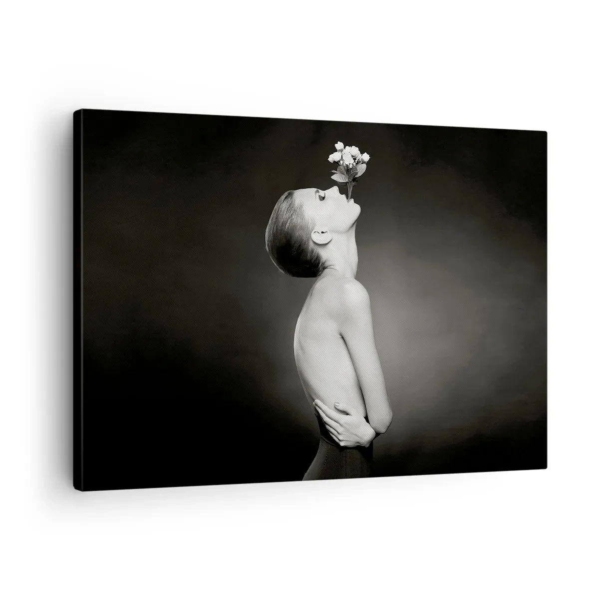 Obraz na plátne - Čierna a biela silueta ženy s kvetom - 70x50cm - Excentrická elegancia - Moderná nástenná dekorácia do obývacej izby a spálne ARTTOR