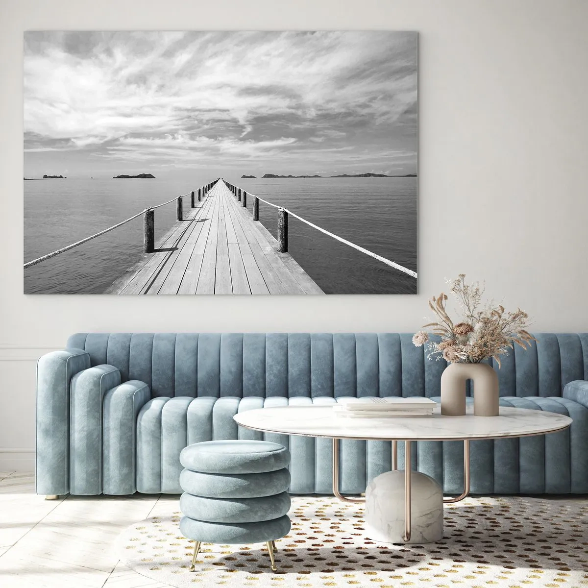 Obraz na skle - Drevené mólo vedúce do diaľky cez pokojné more - 70x50cm - Čo tak cesta… - Moderná nástenná dekorácia do obývacej izby a spálne ARTTOR