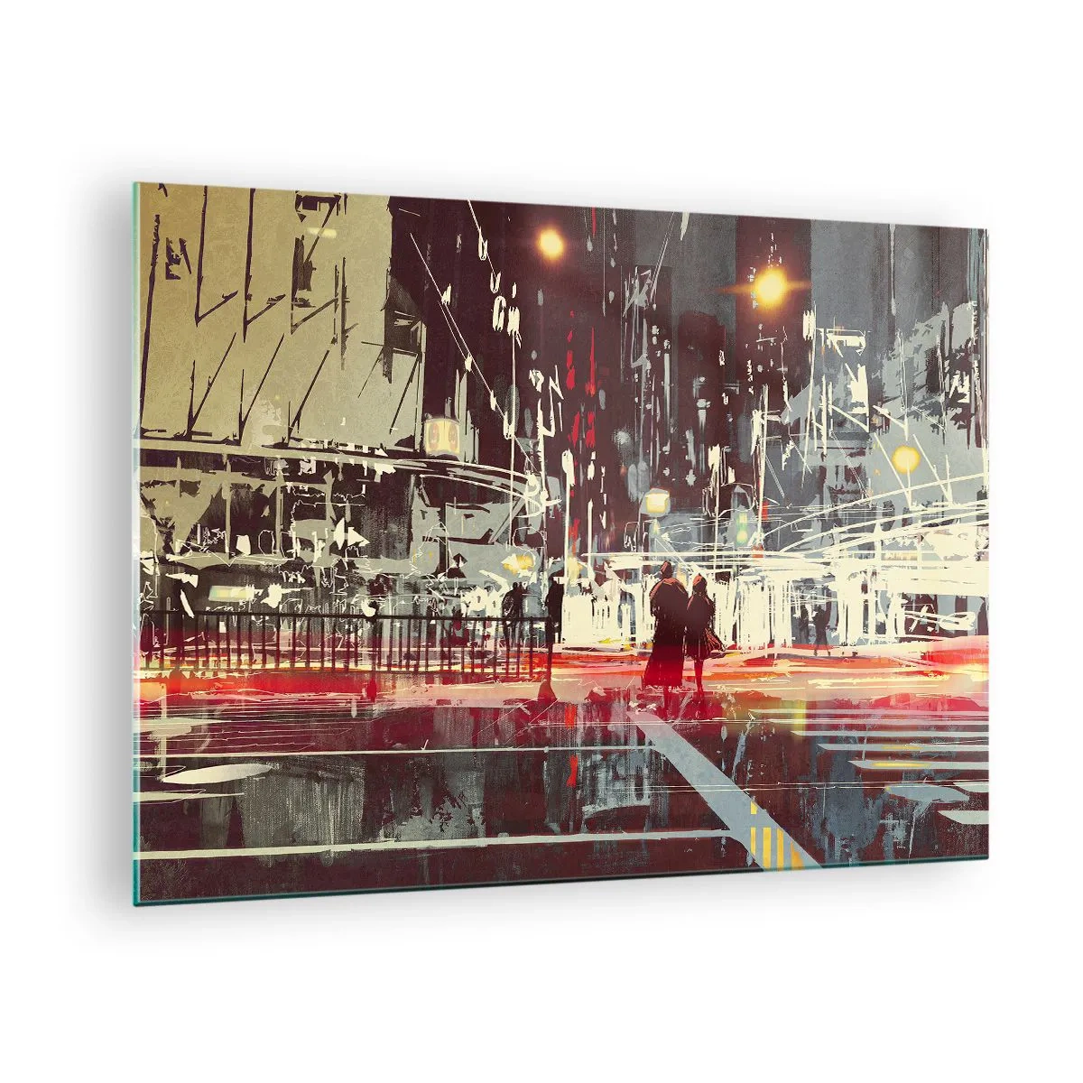 Obraz na skle - Nočná panoráma mesta s neónovými svetlami a siluetami okoloidúcich - 70x50cm - Veľkomestská doprava - Moderná nástenná dekorácia do obývacej izby a spálne ARTTOR