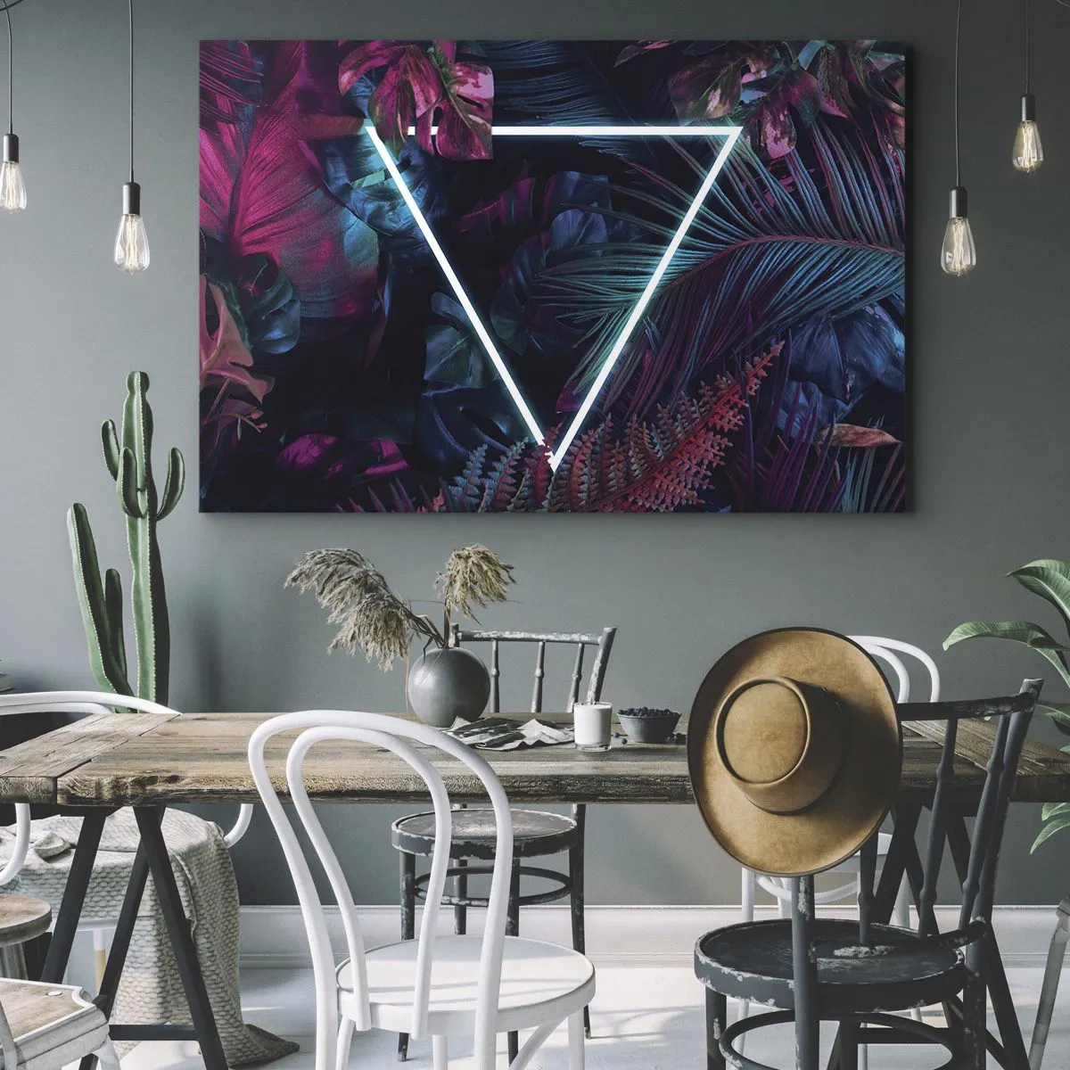 Obraz na plátne - Neónový trojuholník obklopený tropickými listami v tmavých farbách. - 70x50cm - Záhrada v disco štýle - Moderná nástenná dekorácia do obývacej izby a spálne ARTTOR