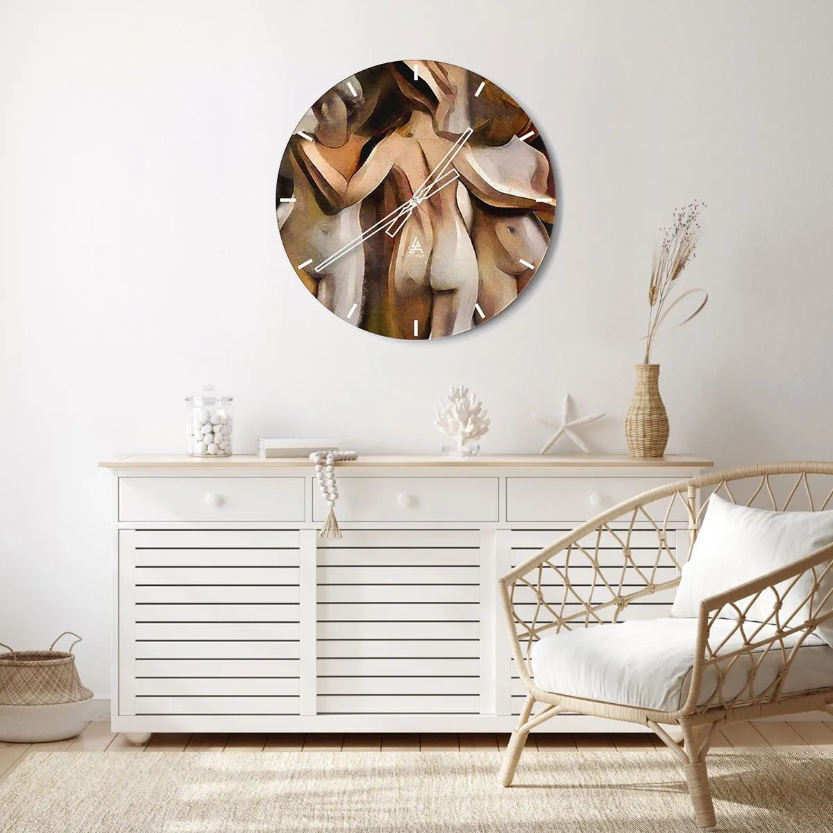 Nástenné hodiny - Abstraktná interpretácia troch postáv v teplých farbách. - 30x30cm - Tri Grácie 2.0 - Moderná nástenná dekorácia do obývacej izby, kuchyne a spálne ARTTOR