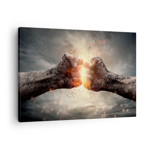 Obraz na plátne - Zaťaté päste v dynamickej scéne s požiarom - 70x50cm - Choď do boja - Moderná nástenná dekorácia do obývacej izby a spálne ARTTOR