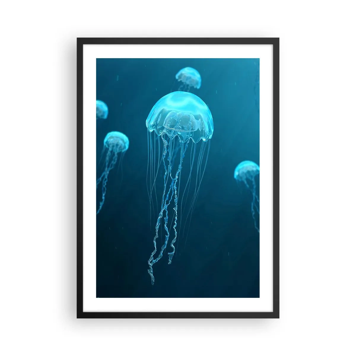 Plagát v čiernom ráme - Medúzy plávajúce v modrých vodách oceánu - 50x70cm - Oceánsky tanec - Moderná nástenná dekorácia do obývacej izby a spálne ARTTOR