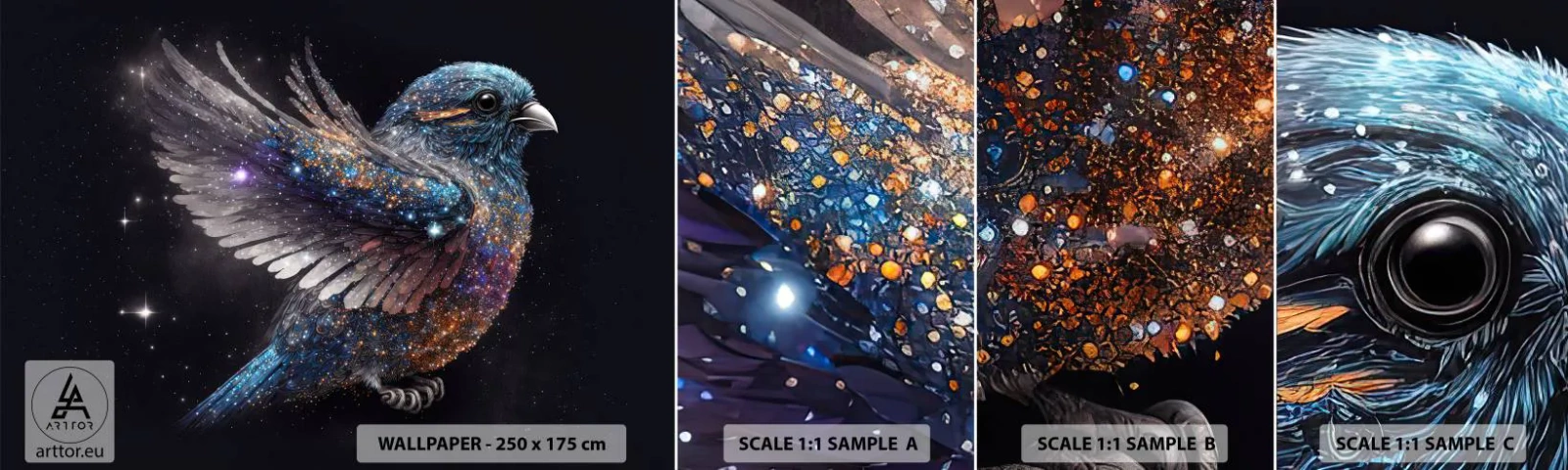 Vzorka samolepiacej fototapety Deluxe Sticker - Diamantový vrabec - Vták, Mágia, Kozmos - 100x30 cm