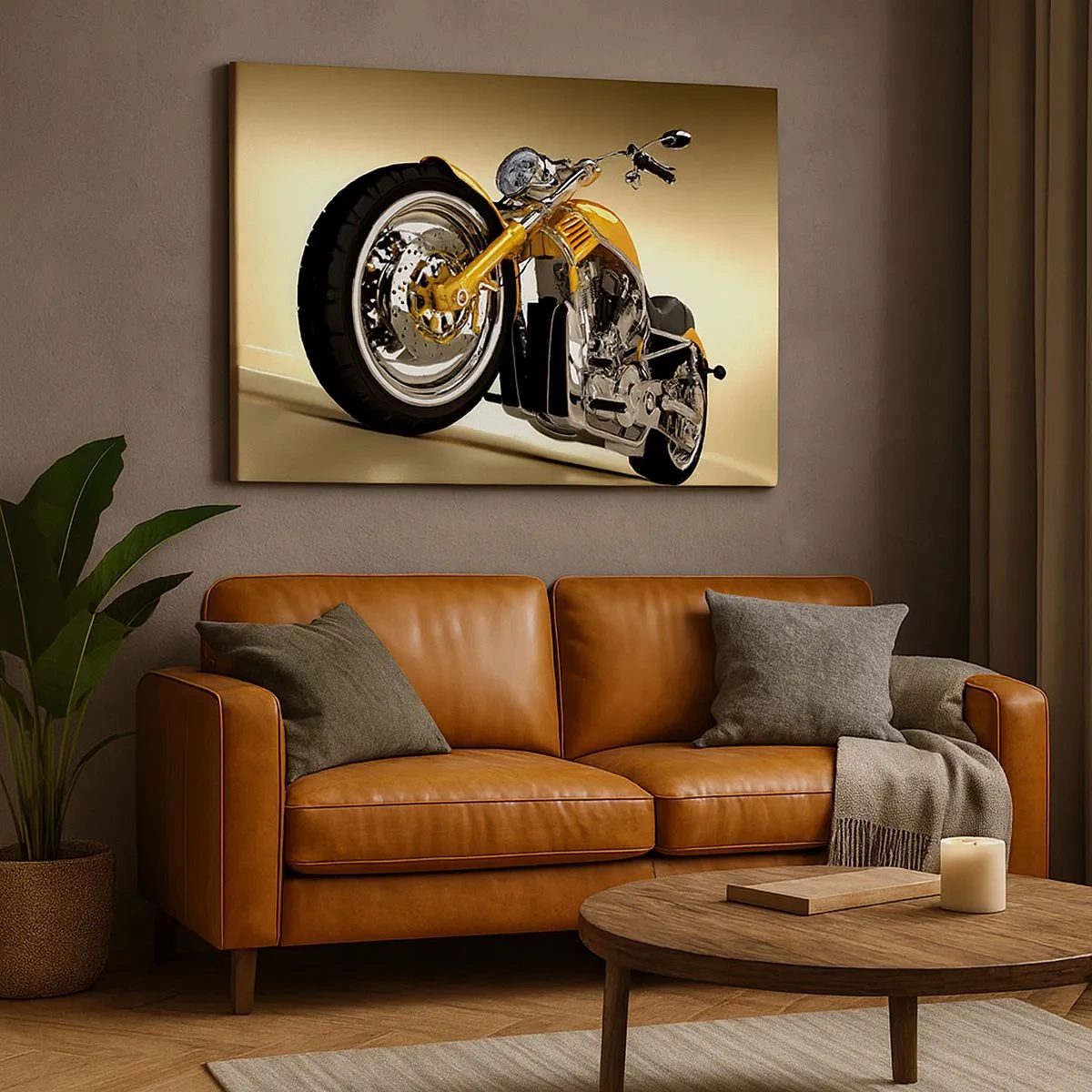 Obraz na plátne - Žltý motocykel v štýle chopperu oproti béžovej stene - 70x50cm - Sen o sile a rýchlosti - Moderná nástenná dekorácia do obývacej izby a spálne ARTTOR