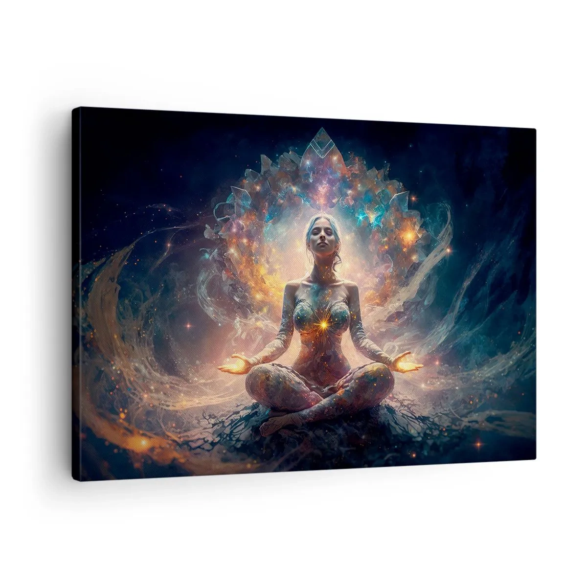 Obraz na plátne - Meditujúca postava obklopená energetickými vzormi a farbami. - 70x50cm - Prúdenie dobrej energie - Moderná nástenná dekorácia do obývacej izby a spálne ARTTOR