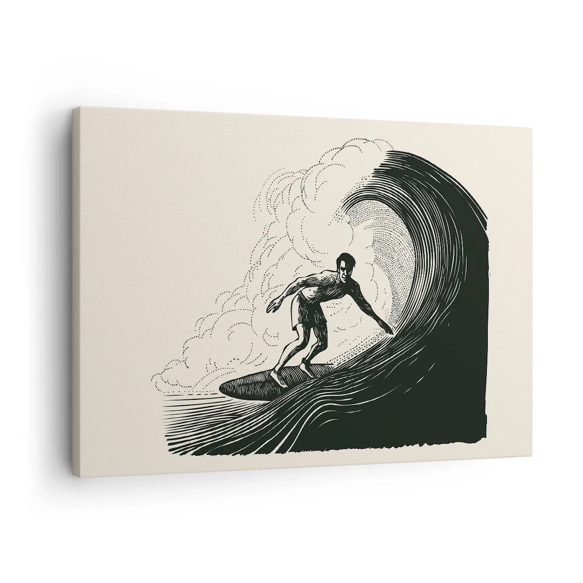 Obraz na plátne - Čiernobiela grafika surfera jazdiaceho na vlne - 70x50cm - Kráľ vĺn - Moderná nástenná dekorácia do obývacej izby a spálne ARTTOR