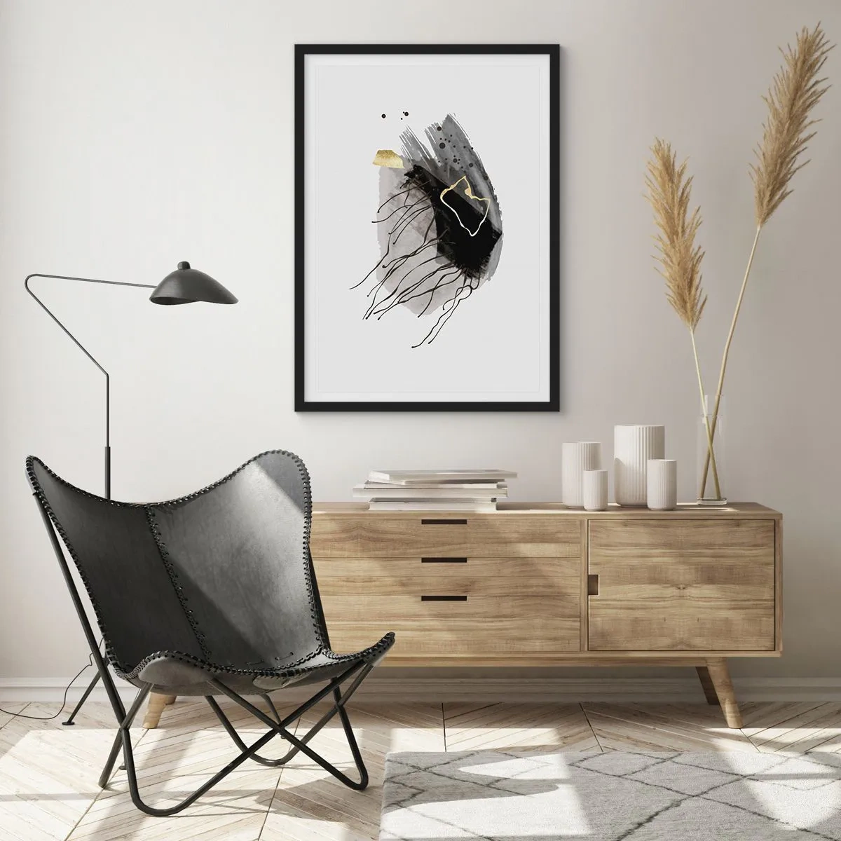 Plagát v čiernom ráme - Abstraktná kompozícia v čiernych, sivých a zlatých farbách. - 50x70cm - V čiernej a zlatej - Moderná nástenná dekorácia do obývacej izby a spálne ARTTOR